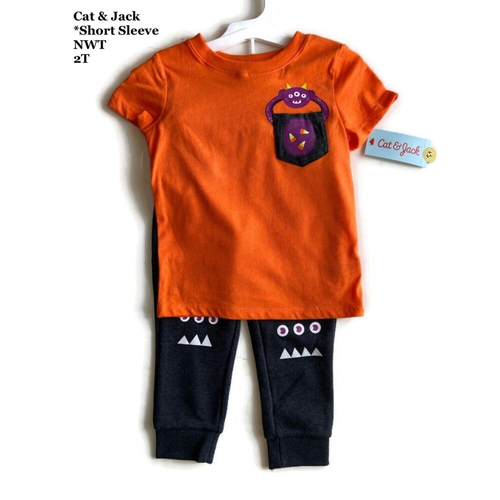 Toddler Boys Halloween‎ Monster T-Shirt & Sweatpants Set Size 2T Orange Candy